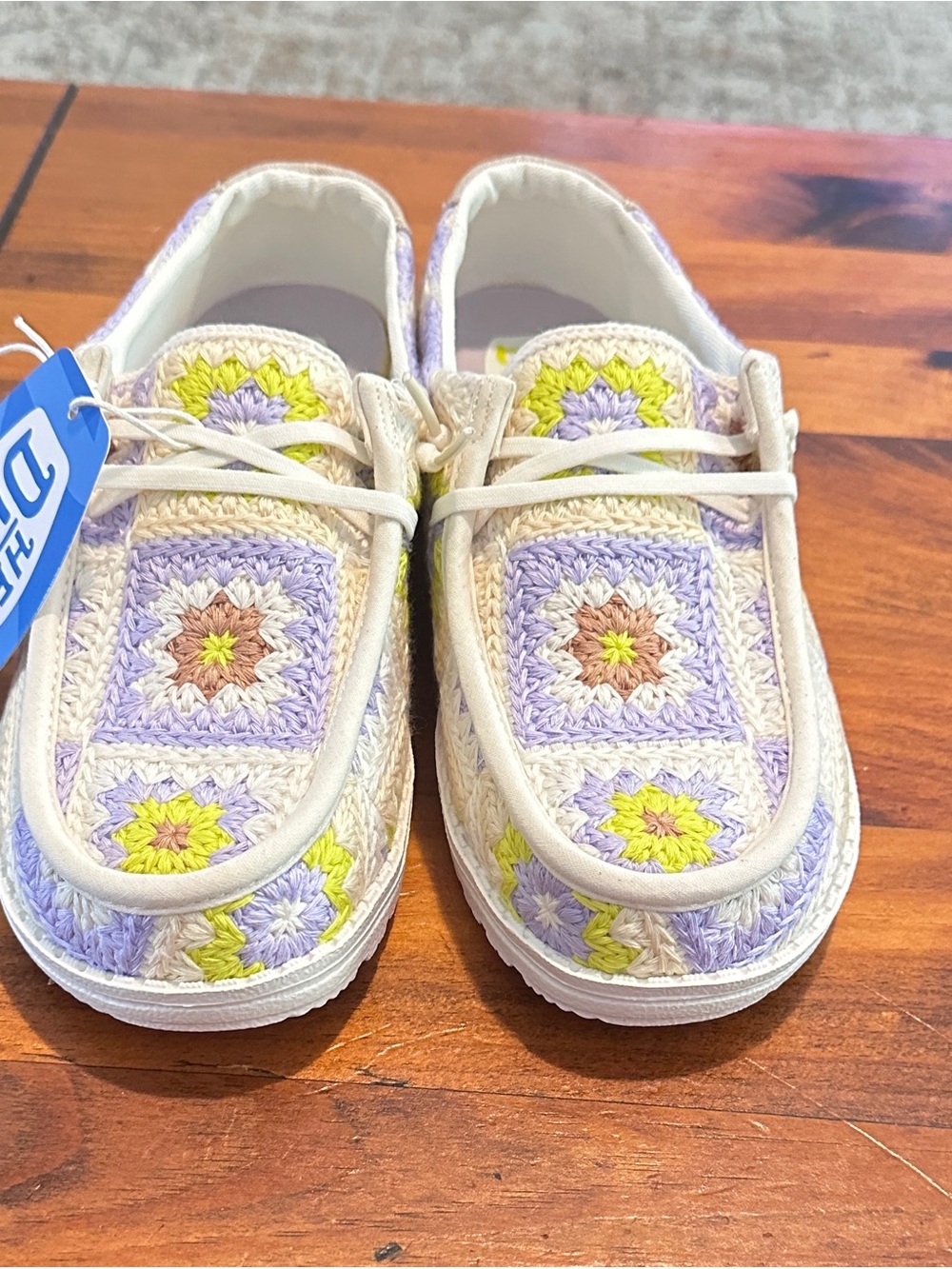 Hey Dude Cottage Crochet slip on shoes in White, Lavender, Yellow. - Picture 2 of 4